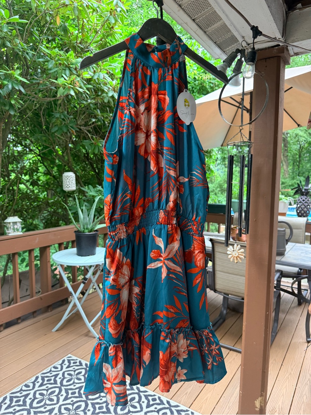 High-Neck Teal Floral Mini Dress with Smocked Waist - Picture 7 of 12